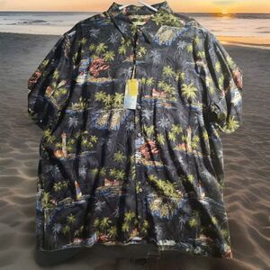 NWT Batik Bay Mens Hawaiian Camp Aloha Shirt‎ 2XL Black Palms 843